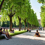 **

A vibrant, revitalized urban park in Milan, Italy. Focus on Parco Sempione, showing a blend of historical restoration with modern community use. Include people enjoying cultural events, families relaxing, and lush greenery. Capture the essence of bringing a historical park back to life. The style should be bright and inviting, showcasing biodiversity and community well-being.

**
