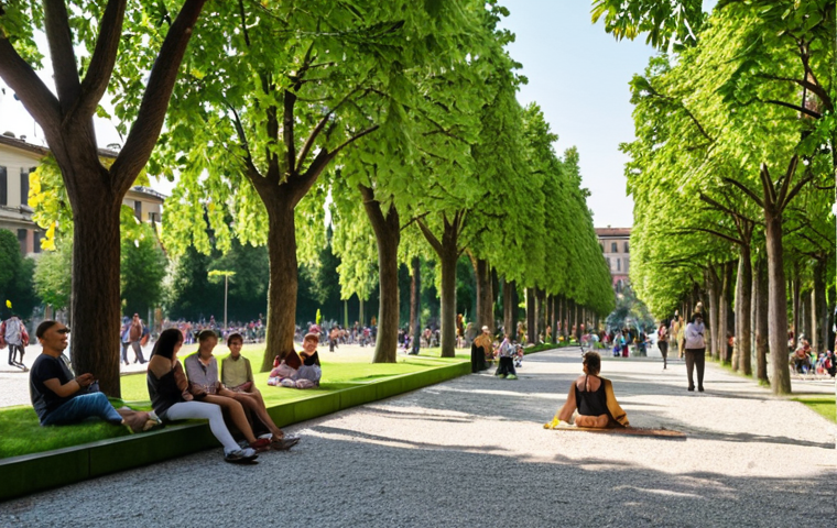 **

A vibrant, revitalized urban park in Milan, Italy. Focus on Parco Sempione, showing a blend of historical restoration with modern community use. Include people enjoying cultural events, families relaxing, and lush greenery. Capture the essence of bringing a historical park back to life. The style should be bright and inviting, showcasing biodiversity and community well-being.

**