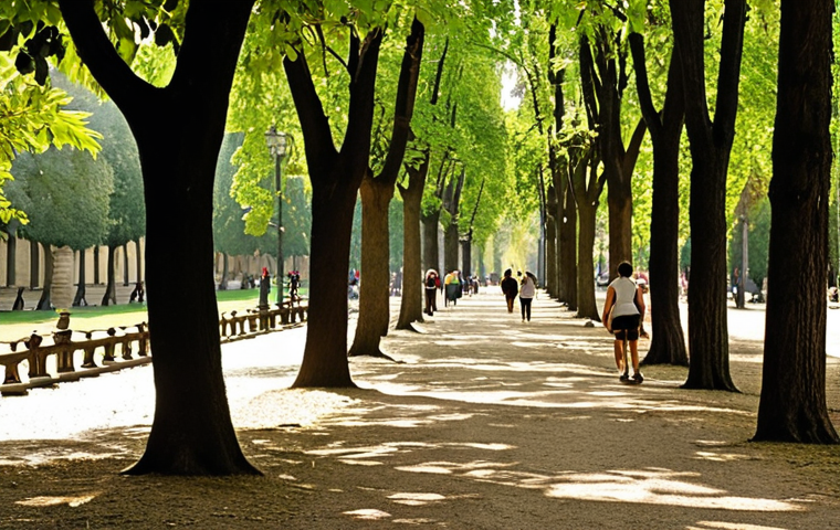 A serene and vibrant urban park in a classic Italian city, akin to Rome's Villa Borghese, bathed in soft, natural light. Majestic, mature trees (such as *Platanus*) form a lush canopy, their leaves filtering sunlight to create dappled shadows on pathways where people are leisurely strolling, children are playing, and individuals are enjoying moments of quiet contemplation. The atmosphere is one of profound well-being and clean air, showcasing the park as the "lungs" of the city, seamlessly blending historical urban architecture with a thriving, accessible natural environment.