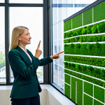 A professional urban planner, fully clothed in a modest business suit, stands in a bright, modern office. She is pointing at a digital display showing a sustainable city master plan, with green infrastructure, parks, and vertical gardens integrated into the cityscape. The office features large windows overlooking a vibrant, eco-friendly city, showcasing smart green technologies and green financing projects. The scene emphasizes foresight and responsible investment in urban development. Perfect anatomy, correct proportions, natural pose, well-formed hands, proper finger count, natural body proportions. Professional photography, high quality, safe for work, appropriate content, fully clothed, professional, modest.