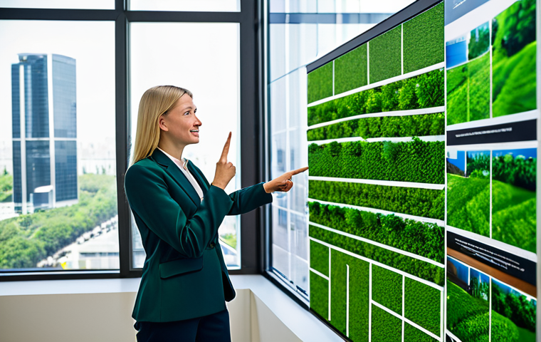 A professional urban planner, fully clothed in a modest business suit, stands in a bright, modern office. She is pointing at a digital display showing a sustainable city master plan, with green infrastructure, parks, and vertical gardens integrated into the cityscape. The office features large windows overlooking a vibrant, eco-friendly city, showcasing smart green technologies and green financing projects. The scene emphasizes foresight and responsible investment in urban development. Perfect anatomy, correct proportions, natural pose, well-formed hands, proper finger count, natural body proportions. Professional photography, high quality, safe for work, appropriate content, fully clothed, professional, modest.