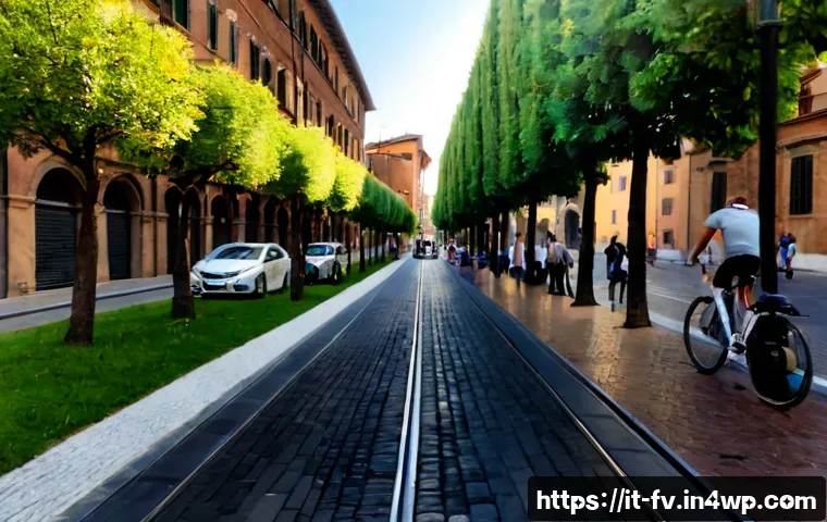 Home 14 도시 생태학적 접근으로의 전환 - Photorealistic wide-angle view of an Italian city street transformed through urban ecology, tree-lin...