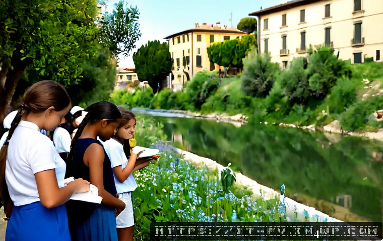 도시 환경 교육과 자연 연결성 강화 - Photorealistic urban environmental education workshop in a sunny Italian city park, diverse middle-s...
